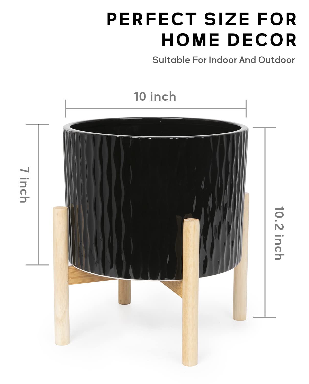 LaDoVita Ceramic Plant Pot with Stand, 10 Inch Planter with Wood Shelf, Modern Round Flower Pots Indoor with Wood Planter Holder, Black Water Ripple Pattern