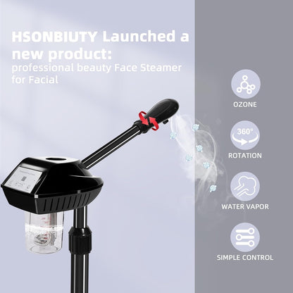 Professional Facial Steamer with More Steam for Deep Cleansing and Hydration, Face Steamer on Wheels with Time Setting, Estheticians Steamer Adjustable Height for Beauty, Spa and Home Use（Black）