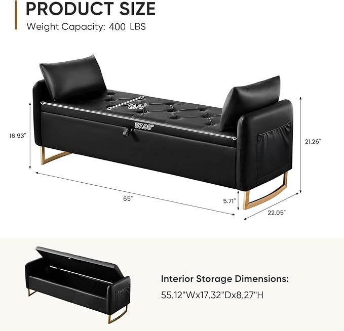 65" End of Bed Storage Bench, Modern Storage Benches