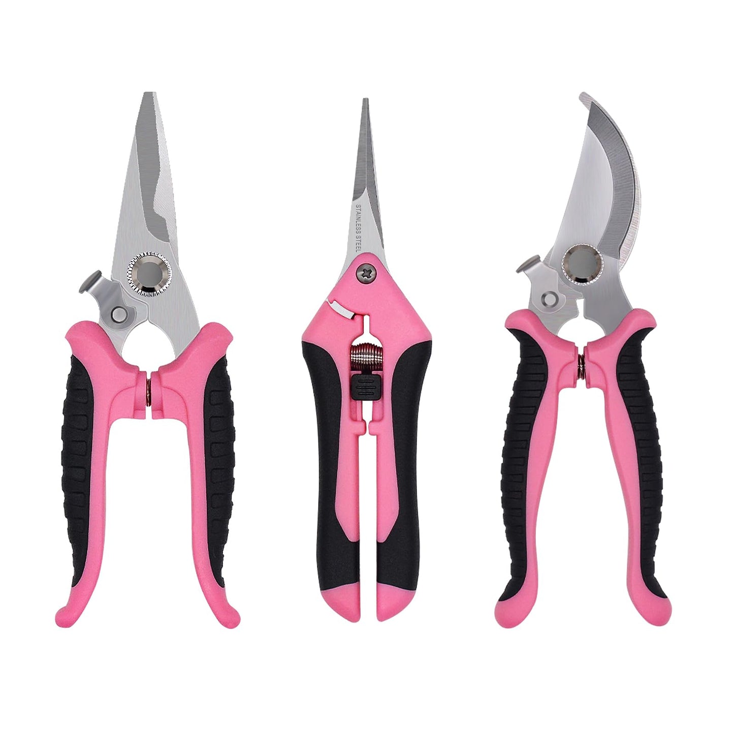 Pruning Shears Gardening Scissors Tools: 3pcs Outdoors&Indoor Garden Clippers, Rose Snips, Plant Clippers, Wood Pruner, Gardener Work Accessories for Flower Arrangement, Yard Landscaping (Pink)