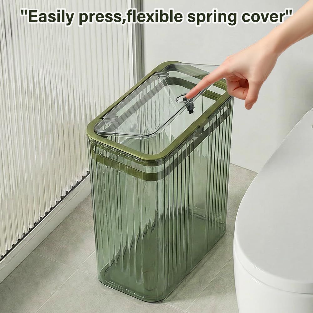 Grtufsat Bathroom Trash Can with Lid3.5 Gallon Garbage Can，for Bedroom, Office, Plastic Slim Waste Basket with Press Top Lid, 15l Clear Trash Bin for Home Slim Trash Bin Clear, Kitchen （Green）