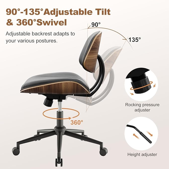 Armless Office Chair with Wheels, PU Leather Adjustable Height Desk Chair