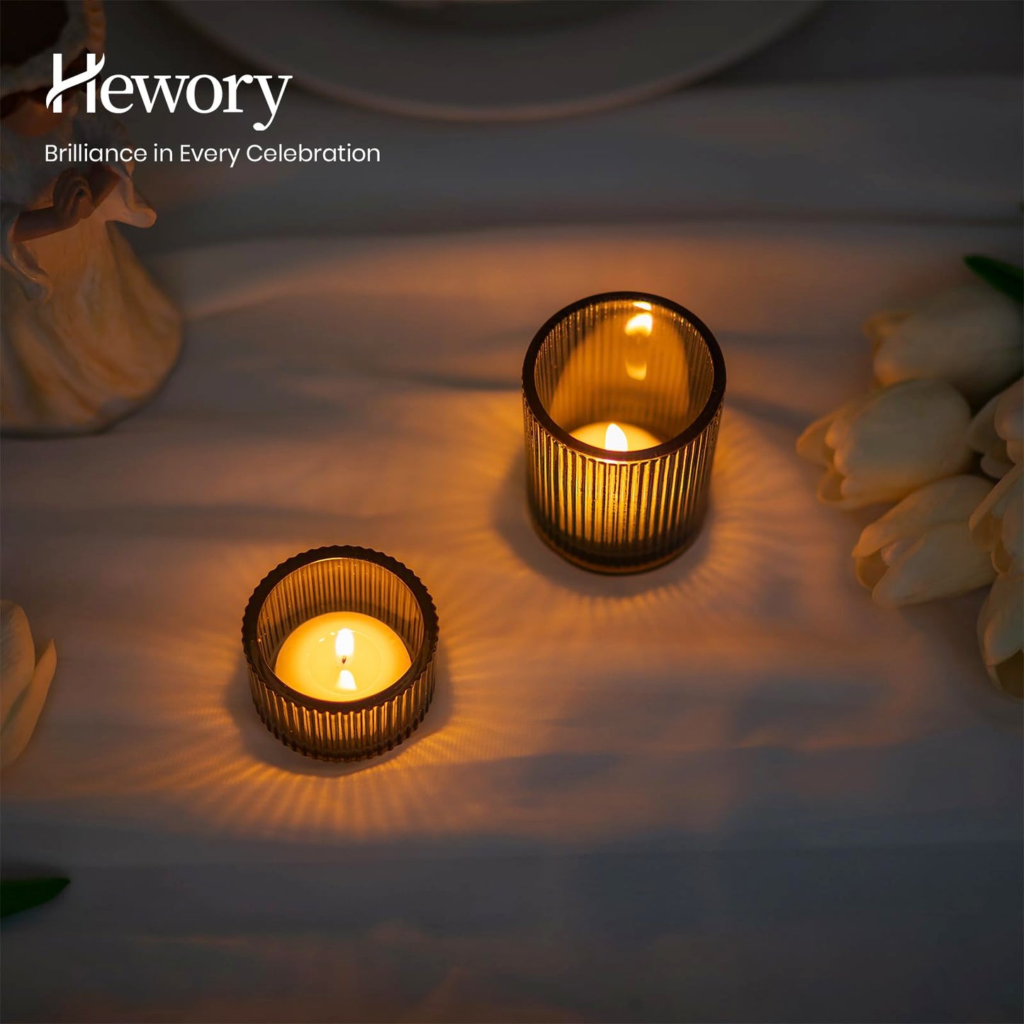 Hewory Glass Tealight Candle Holder: 8 Pcs Dark Green Votive Tea Lights Candle Holder, Ribbed Tea Light Holders Fall Decorations for Thanksgiving Table Centerpiece Wedding Party Home Decor