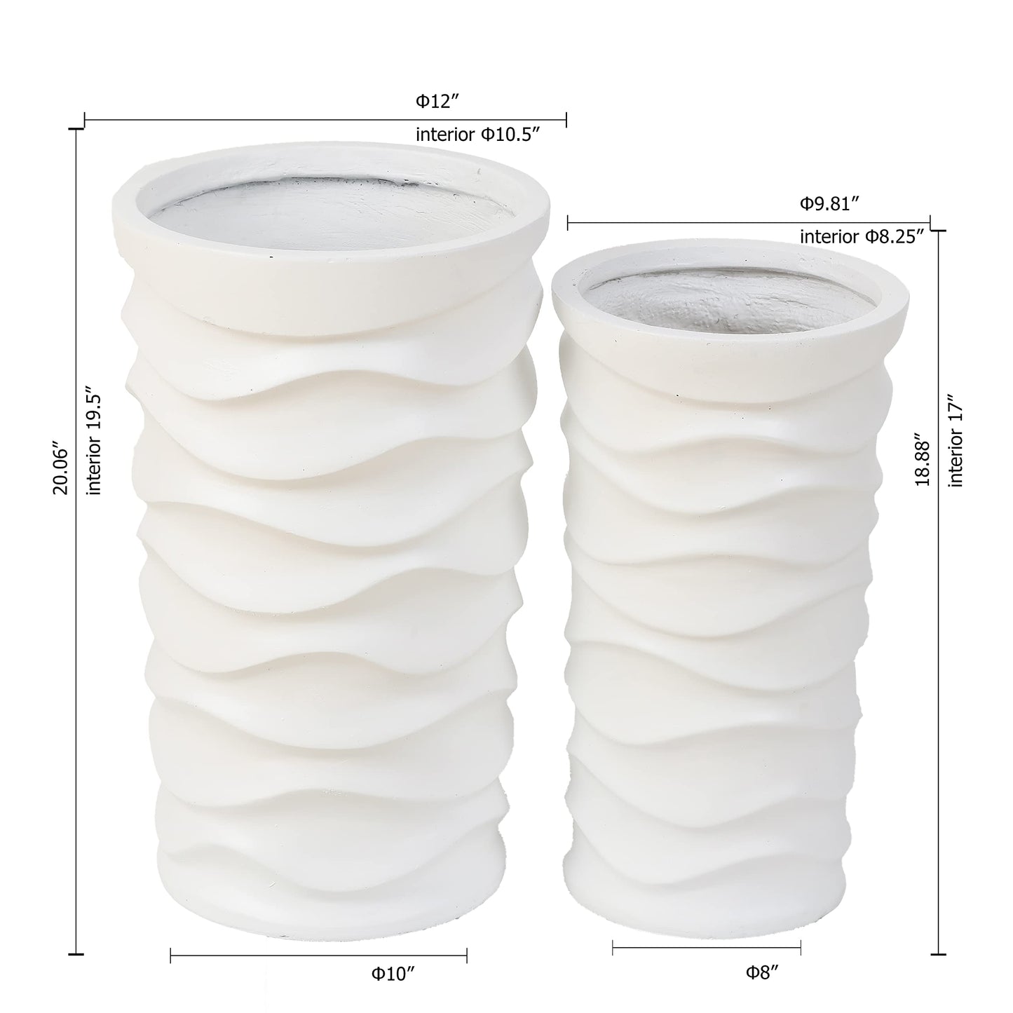 LuxenHome Tall Planters for Outdoor Plants, Set of 2 Indoor Outdoor Garden Plant Pots with Drainage Hole and Rubber Plug, Modern White Waves Flower Pot Concrete Planters for Home Garden Patio Porch