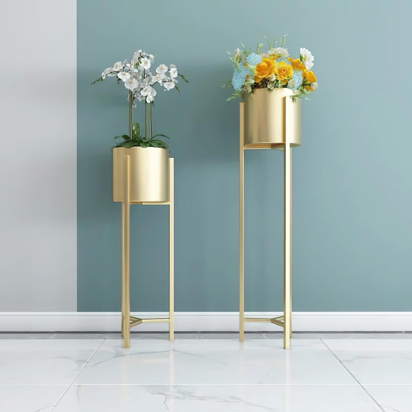 Myyixilau Gold Metal Plant Stand Set, Modern Minimalist Floor Standing Planter Holder with Cylindrical Pot, 3 Piece Indoor Decorative Flower Rack