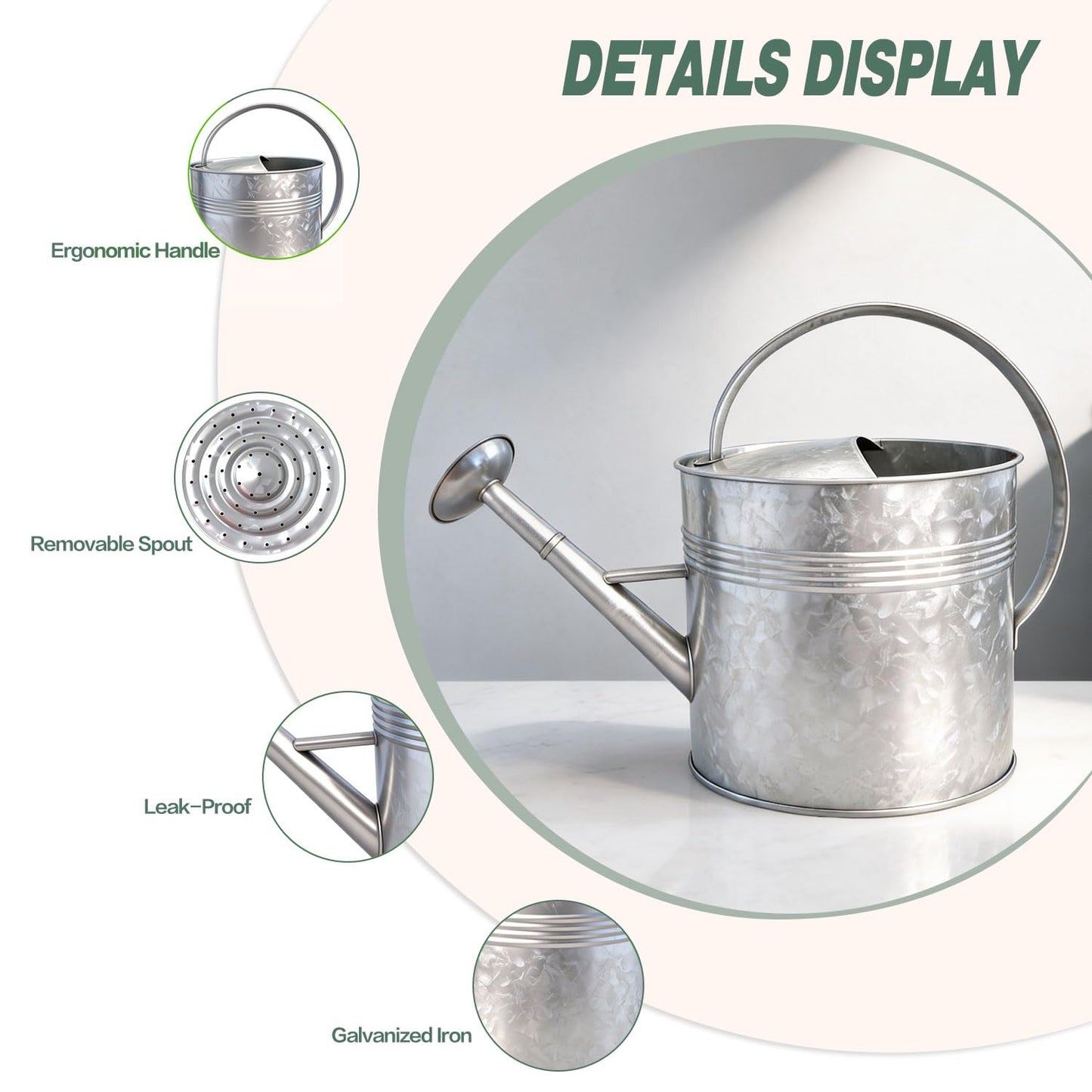 9.5L Metal Watering Can for Outdoor Garden, Galvanized Steel Large Watering Can Pot with Top Handle and Long Spout, Rust-Resistant Water Can for Flower, Lawns, and Farm Use
