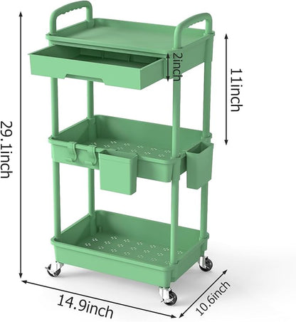 3 Tier Rolling Utility Cart with Drawer, Plastic Storage Organizer Rolling Carts with Wheels Handles Hanging Cups Hooks for Office, Bathroom, Kitchen,Craft Art Room (Green)