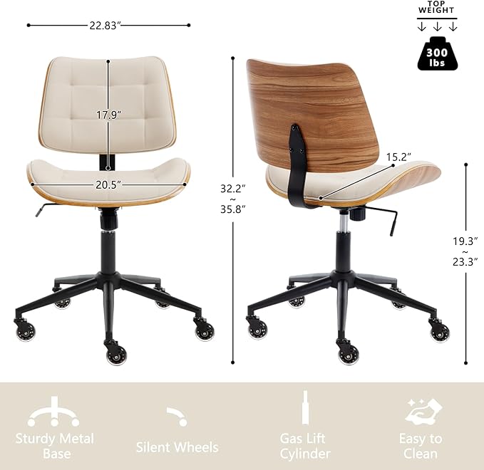 Home Office Desk Chair with Wheels, Adjustable Height Armless Office Chair
