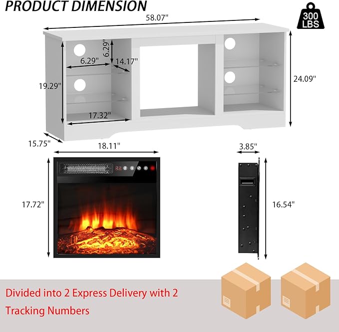 PRETZI Fireplace TV Stand with 18" Fireplace Up to 65" TVs, TV Media Console