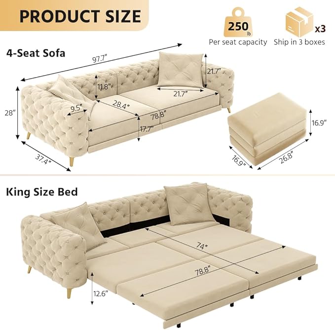 97.7" Convertible Queen Sleeper Sofa