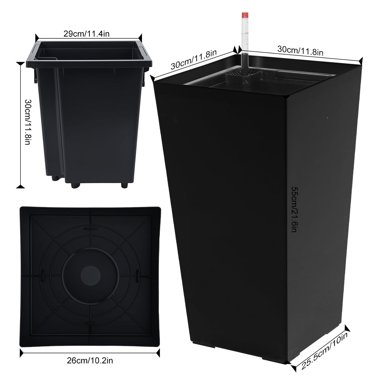 hatleues Resin Tall Planters Set of 2 Tall Flower Pot for Outdoor Indoor Plants, Flower Pots with Water Level Window & Drainage Tray, Dual-Buckle Design for Porch, Balcony, Deck,Modern Decor Black 2