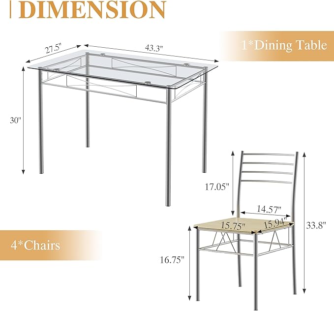 VECELO Dining Table Set for 4, 5-Piece Glass Kitchen Table