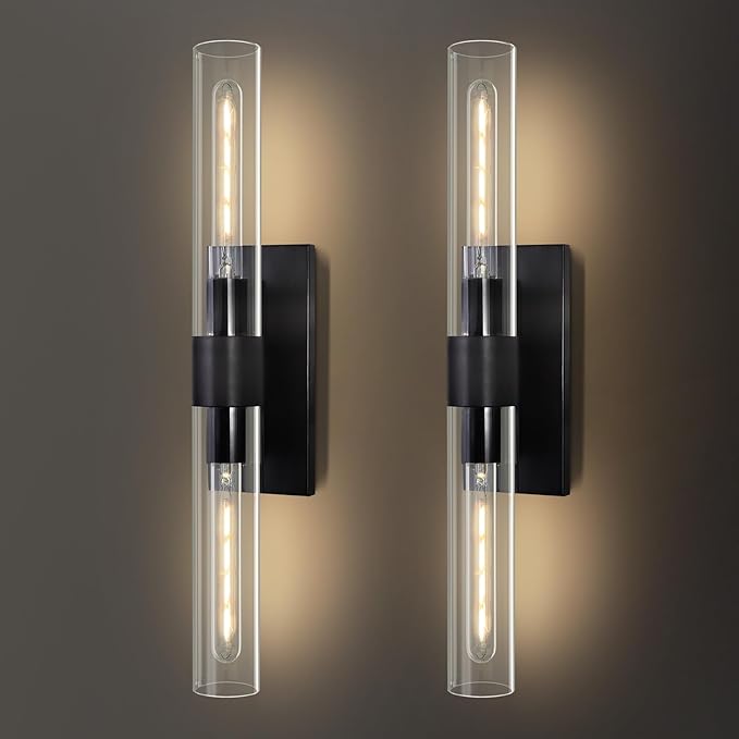 Modern Wall Sconces Set of 2, 22.8", 2-Light Indoor Wall Mounted Sconces with Glass Shade, Bathroom Black Vanity Light for Living Room,Hallway Entryway Stairway