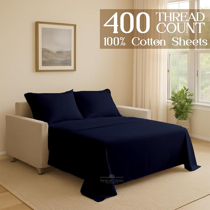 Sleeper Sofa Bed Sheet, 100% Cotton 400 Thread Count, 4 Piece Set, Deep Pocket