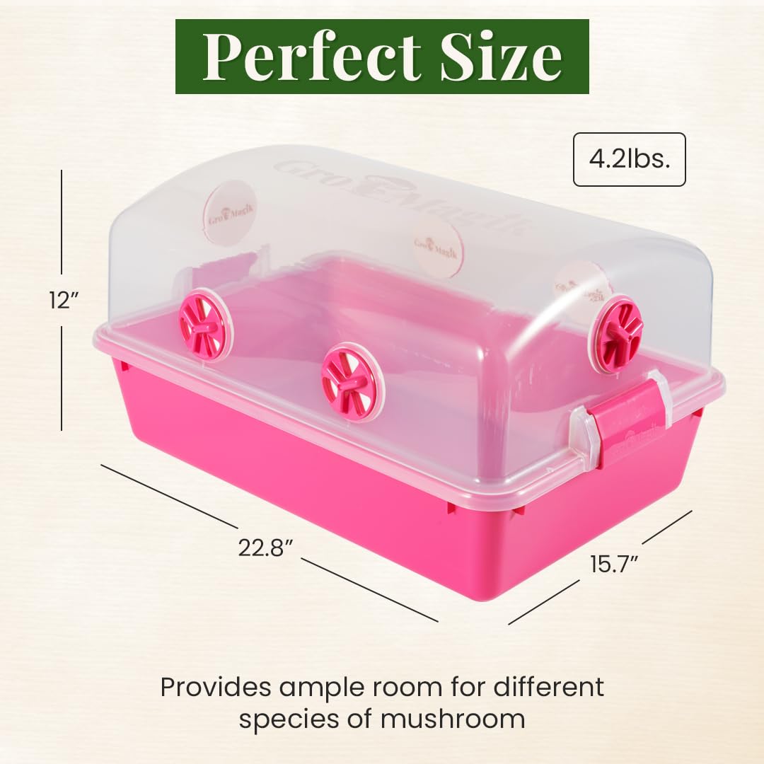 Gro Magik Premium Mushroom Monotub Grow Kit [XLarge, 68Q] Portable and Compact Fruiting Chamber with Plugs, Filters and Adjustable Air Vents, 22.8 x 15.7” x 12”, Pink
