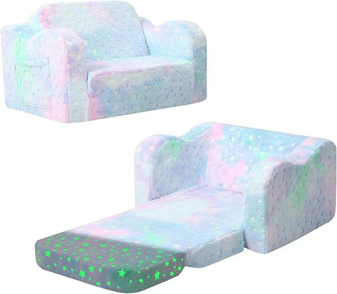MeMoreCool Glowing Pastel Rainbow Kids Chair, 2-in-1 Foldable Kids Couch and