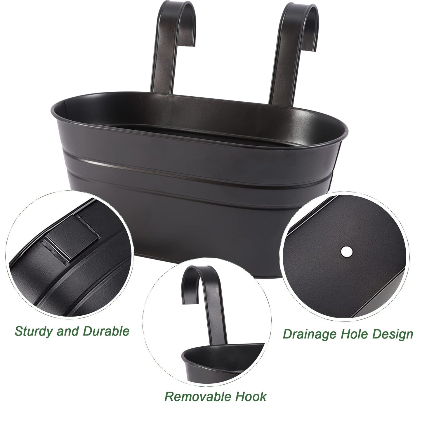 HowRU Metal Iron Flower Pots for Railing Fence Hanging Bucket Pots(5 Pcs) and Hanging Flower Pots Metal Iron Bucket Planter(10 Pcs) (Black)