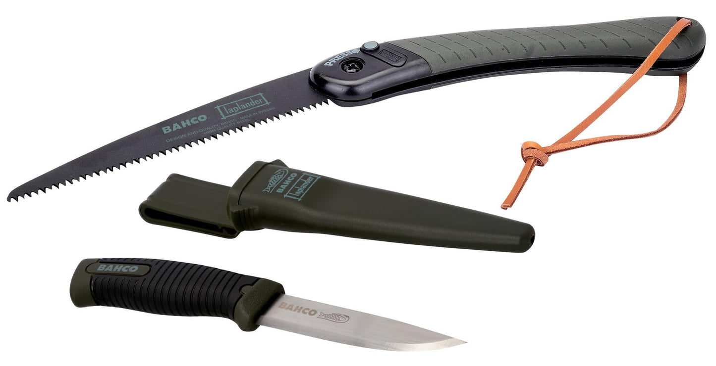 Bahco 9" Laplander Folding Saw & Knife Combination ? Includes 396-LAP Saw and 2446-LAP Knife with Rust-Proof Blade, Perfect Grip, and Belt Holster for Bushcraft, Camping, and Outdoor Utility Tasks