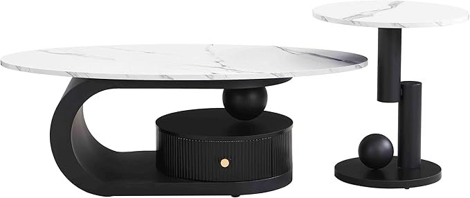 Modern Oval Coffee Table Set of 2, Faux Marble Coffee Table and Round End Table