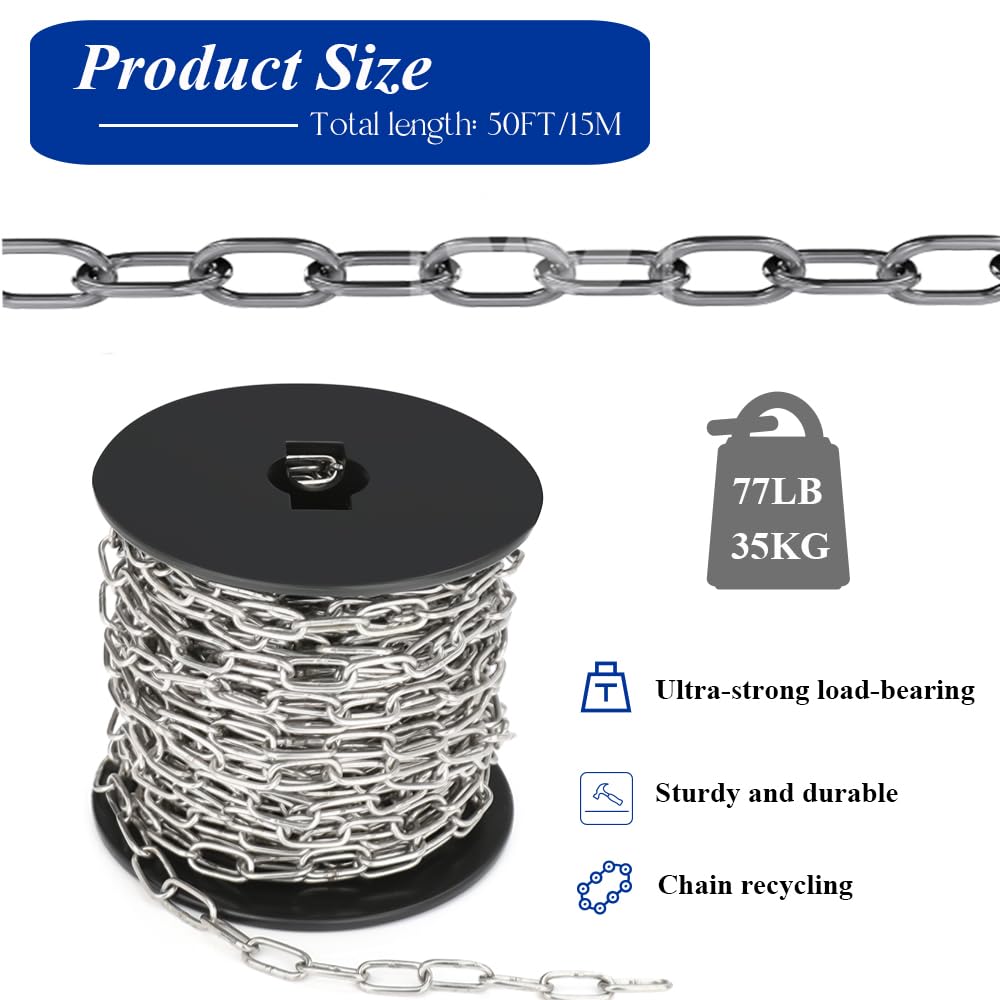 50ft Hanging Chain,304 Stainless Steel Chain, 1/16" Jack Chain, Metal Chains are Customizable for Hanging Bird Feeders/Dog Leashes/Signs & DIY Projects(1.5mm with Spool)