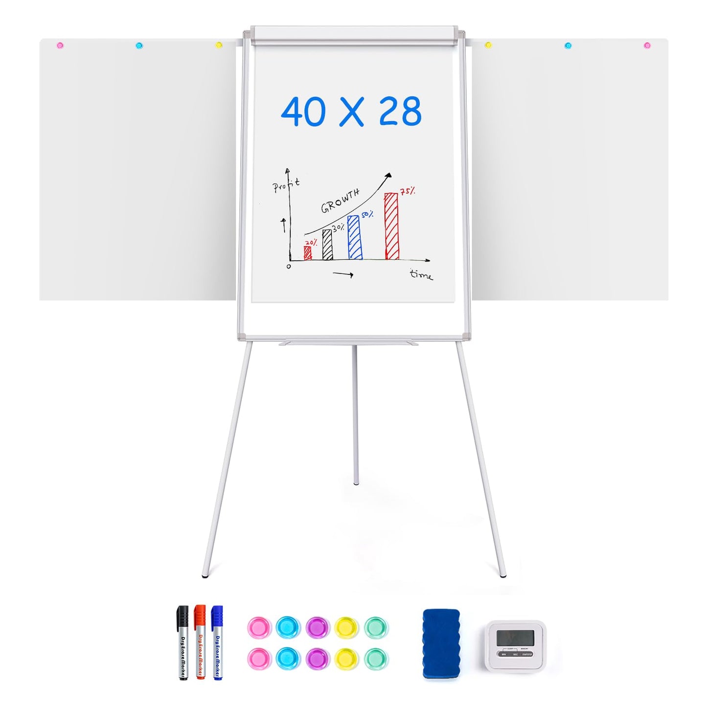 Easel Whiteboard 40x28 Inch, Portable Magnetic Dry Erase Height Adjustable Tripod Stand with 2 Extendable Side Arms for Flipchart, Home Office School Use, White
