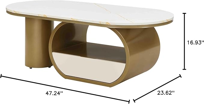 Modern Oval Coffee Table, 47.24" White Faux Marble Coffee Table