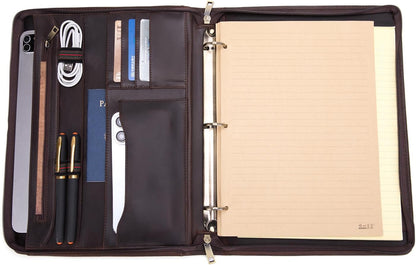 Personalized 3 Ring Binder Genuine Leather Portfolio, Front Pocket, Custom Engraved 8.5 x 11 Zippered Laptop Organizer for Men and Women, Professional Business Work Padfolio, Dark Brown