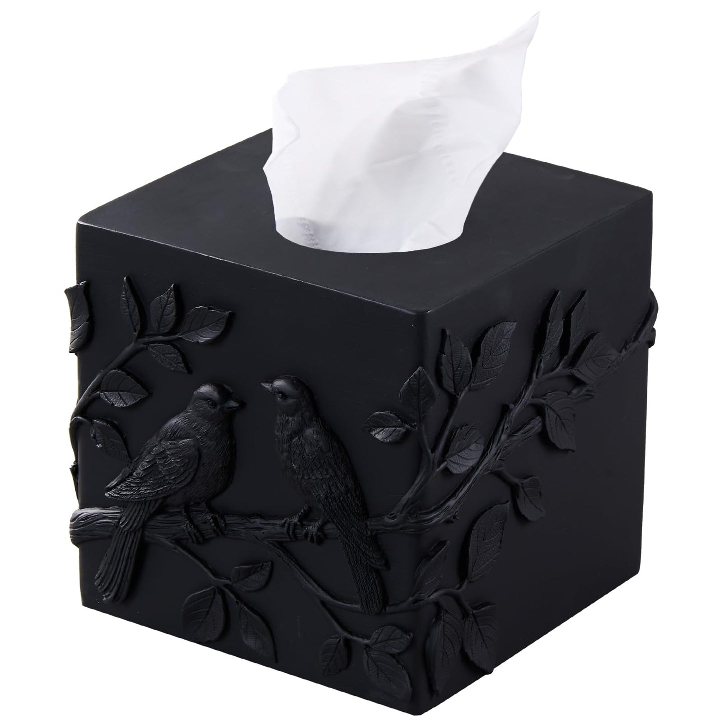 Black Marble Relief Birds Square Tissue Box Cover Decorative,Resin Heavy Sturdy Tissue Box Holder, Facial Paper Holder for Bathroom Vanity Countertop, Bedroom Night Stand,Office and End Table