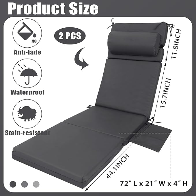 Wenqik 2 Pcs Outdoor Chaise Lounge Cushion