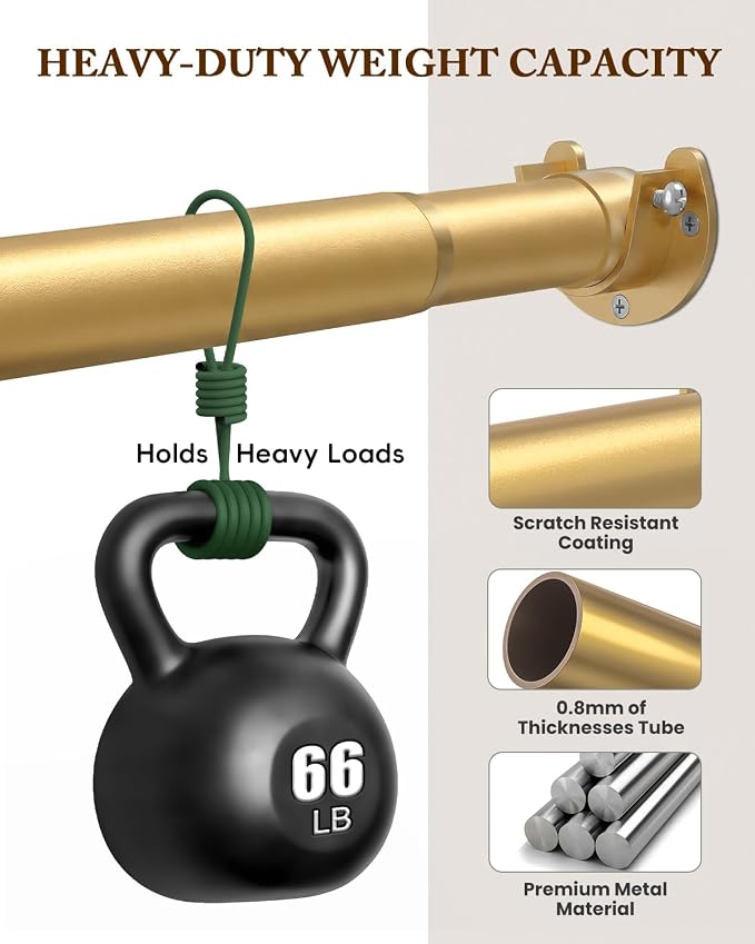 Heavy Duty Closet Rod, 17-69 IN Closet Rods for Hanging Clothes, Gold | Stepless Adjustable, Supports up to 66 lbs, Multiple Size Options, Easy Installation, Multi Purpose , Wall-Mounted