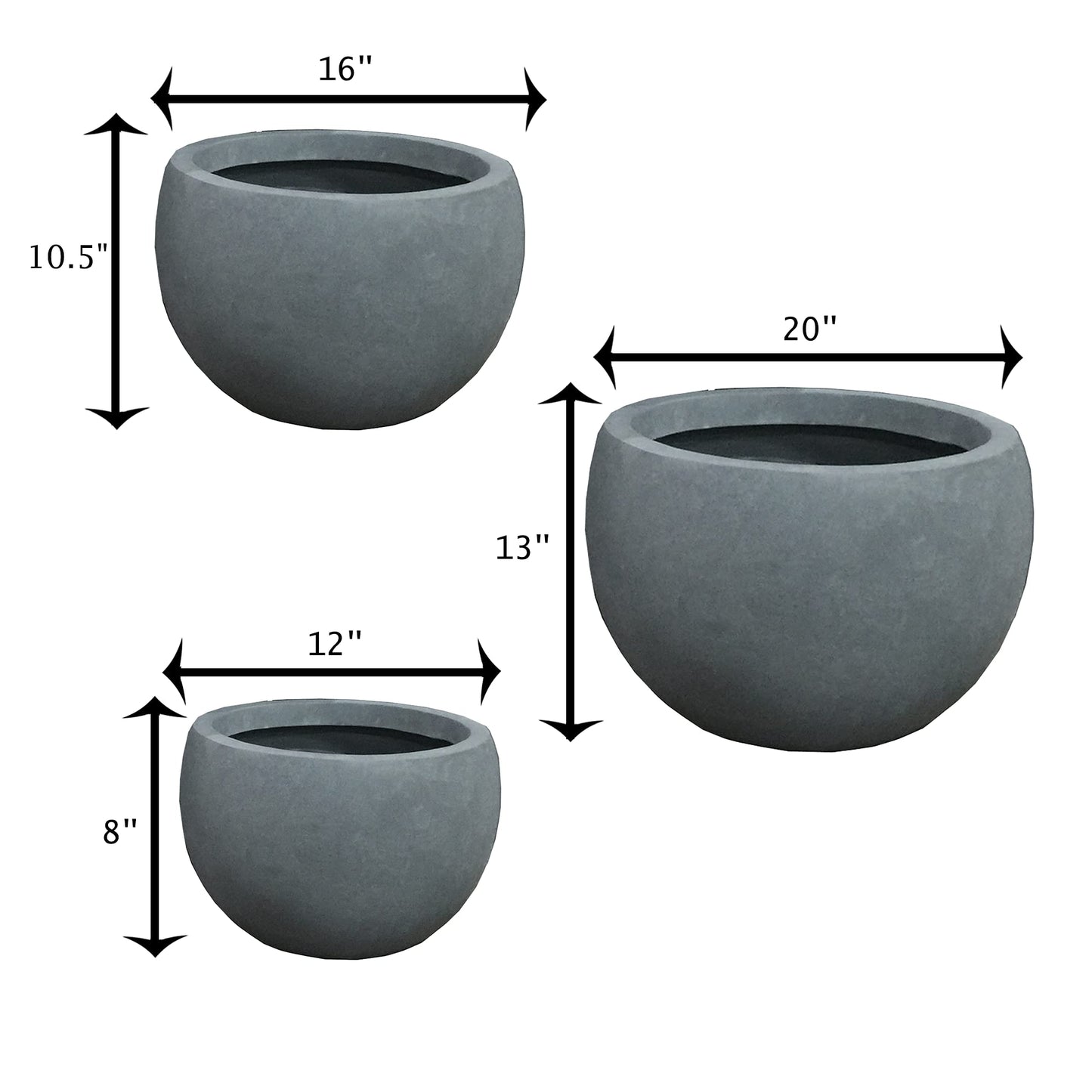 20", 16" and 12" W Round Slate Gray Concrete/Fiberglass Indoor Outdoor Elegant Bowl Planters (Set of 3)