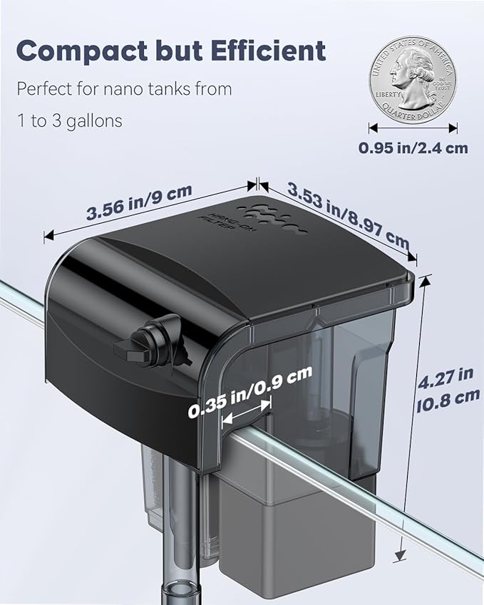 Pawfly 3 W Aquarium Filter, 1-3 Gallon Fish Tank Filter, 65 GPH Hang On Back Aquarium Filter with Water Wheel Adjustable Water Pump & Oil Skimmer, Ultra Quiet HOB Filter for Tank Filtration