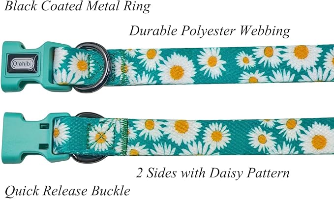 Dog Collar and Leash Set, Cute Daisy Pattern, Polyester Material, 5ft Leash, for Large Dogs.(Large,Green Daisy)