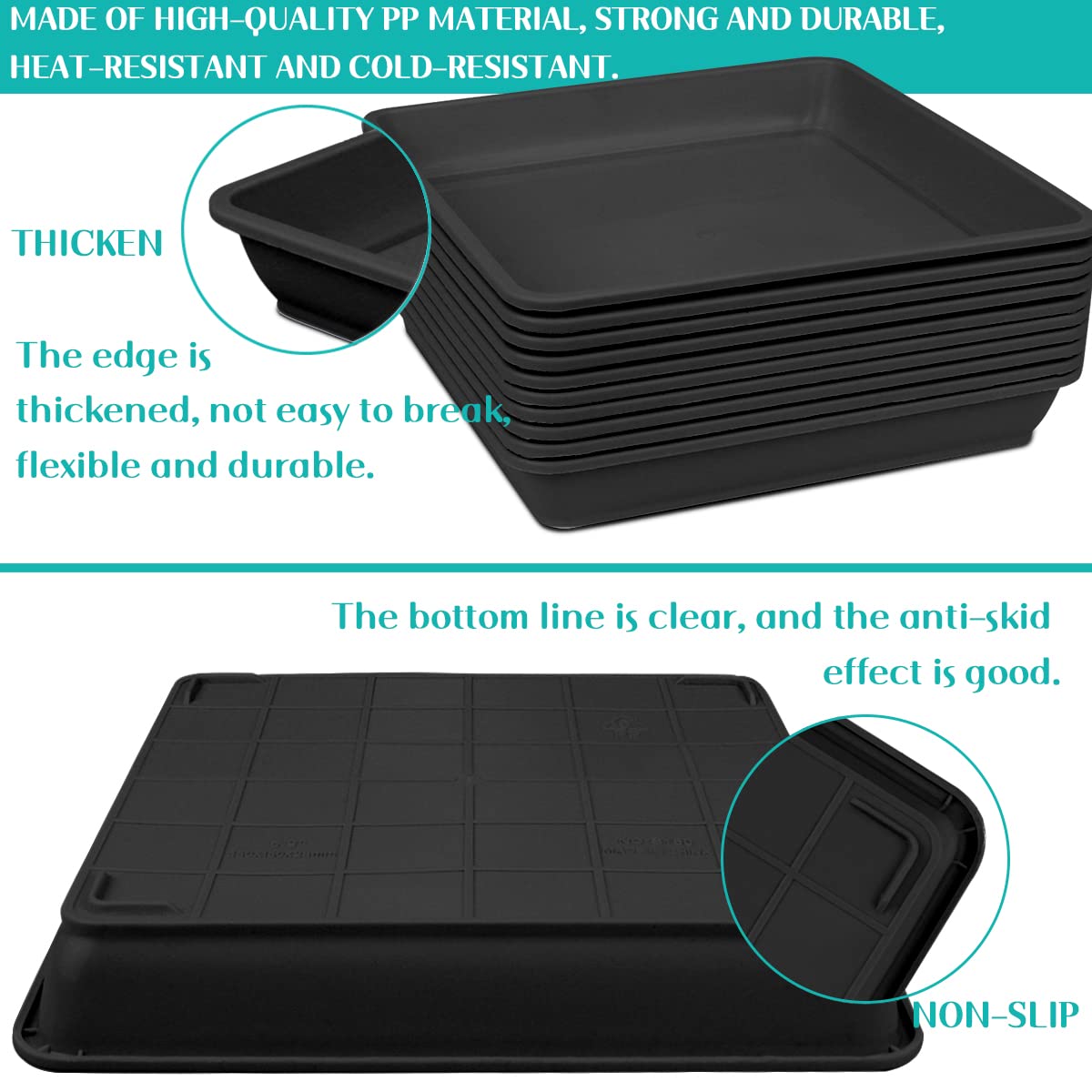 LNQ LUNIQI 10 PCS Square Plastic Plant Saucer 8 Inch Flower Pot Bottom Seat Flower Pot Tray Thick Plastic Drip Tray for Garden Potted Water Drips and Soil （Black）