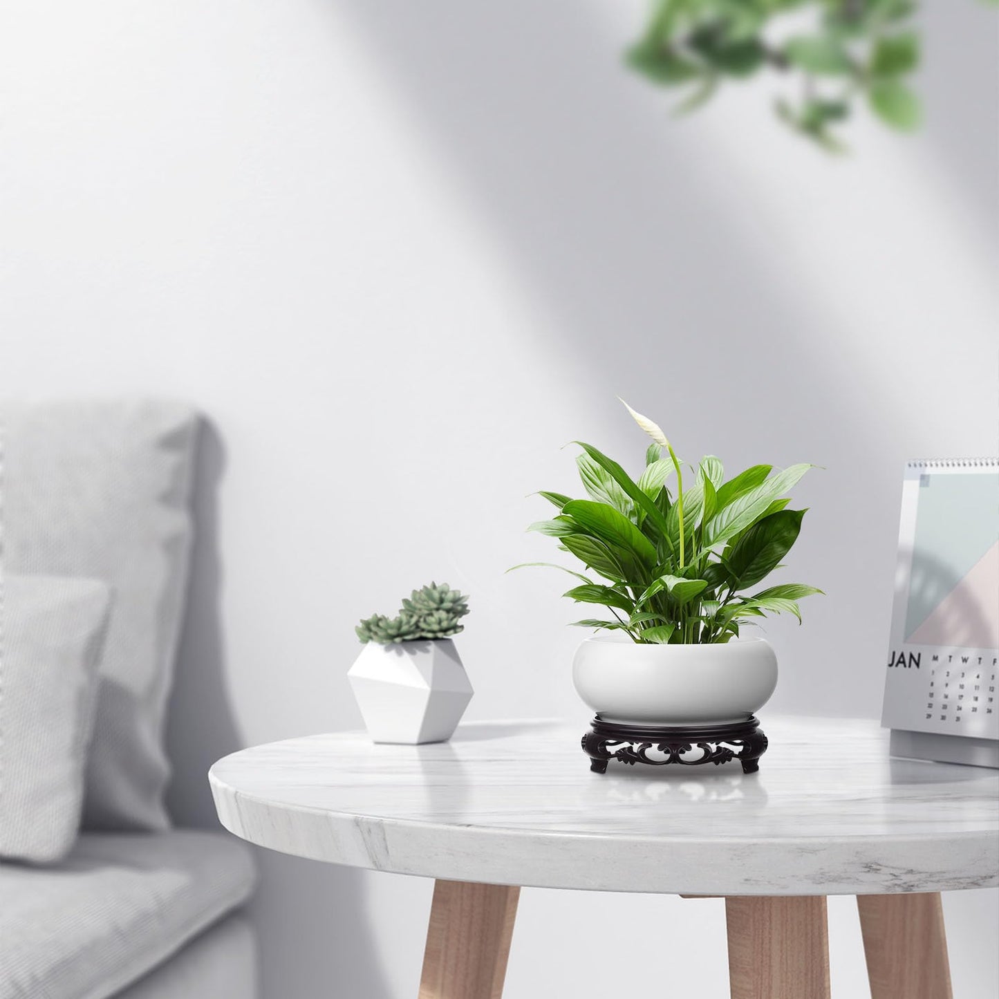 YARNOW Lotus Bowl Planter with Stand - 6.3 Inch White Ceramic Hydroponic Bowl for Water Lily, Daffodil & Bonsai - No Drainage Hole Decorative Indoor Plant Pot for Home Garden Office Zen Decor