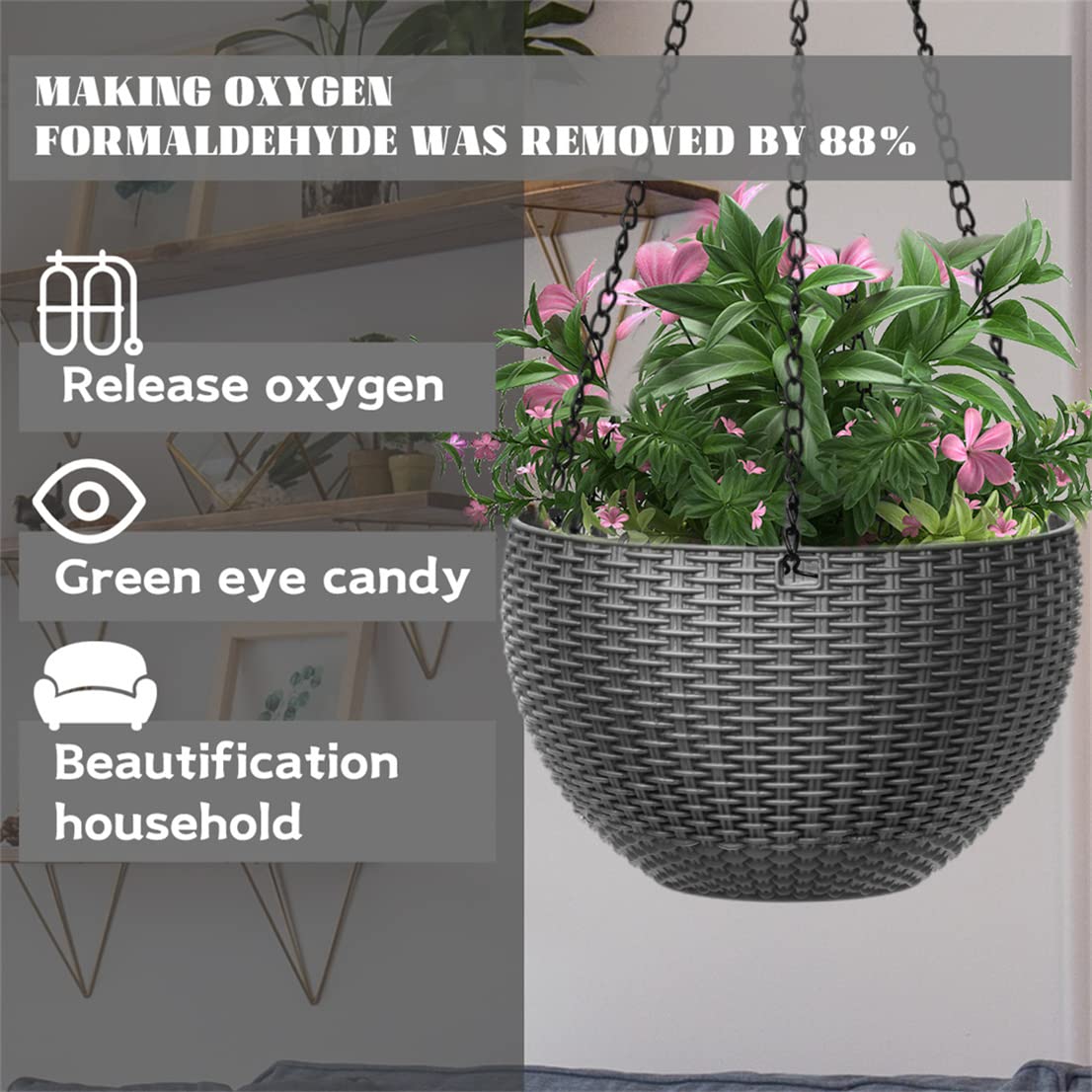 Hanging Planter, Plastic Flower Pot Plant Holder with Chain Indoor Outdoor Plants Pot Container Baskets, 8.7 inches Gray