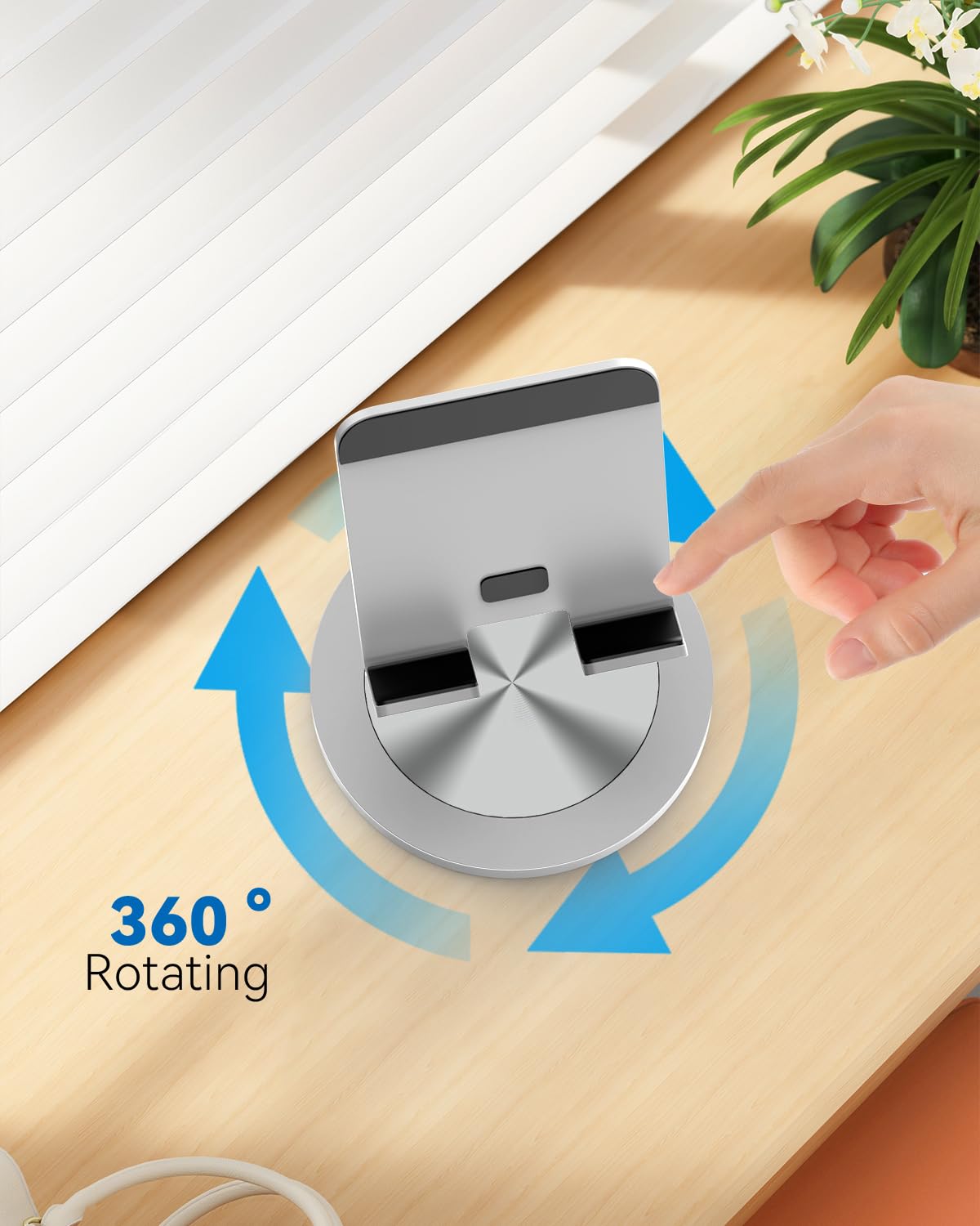 YCNEW Phone Stand for Desk, 360° Rotating Dual Adjustable Foldable Holder, Heavy Solid All-Aluminum Base Anti-Slip Stable Support for Home Office Study, Fits iPhone Galaxy 4-8" Phones (Silver)