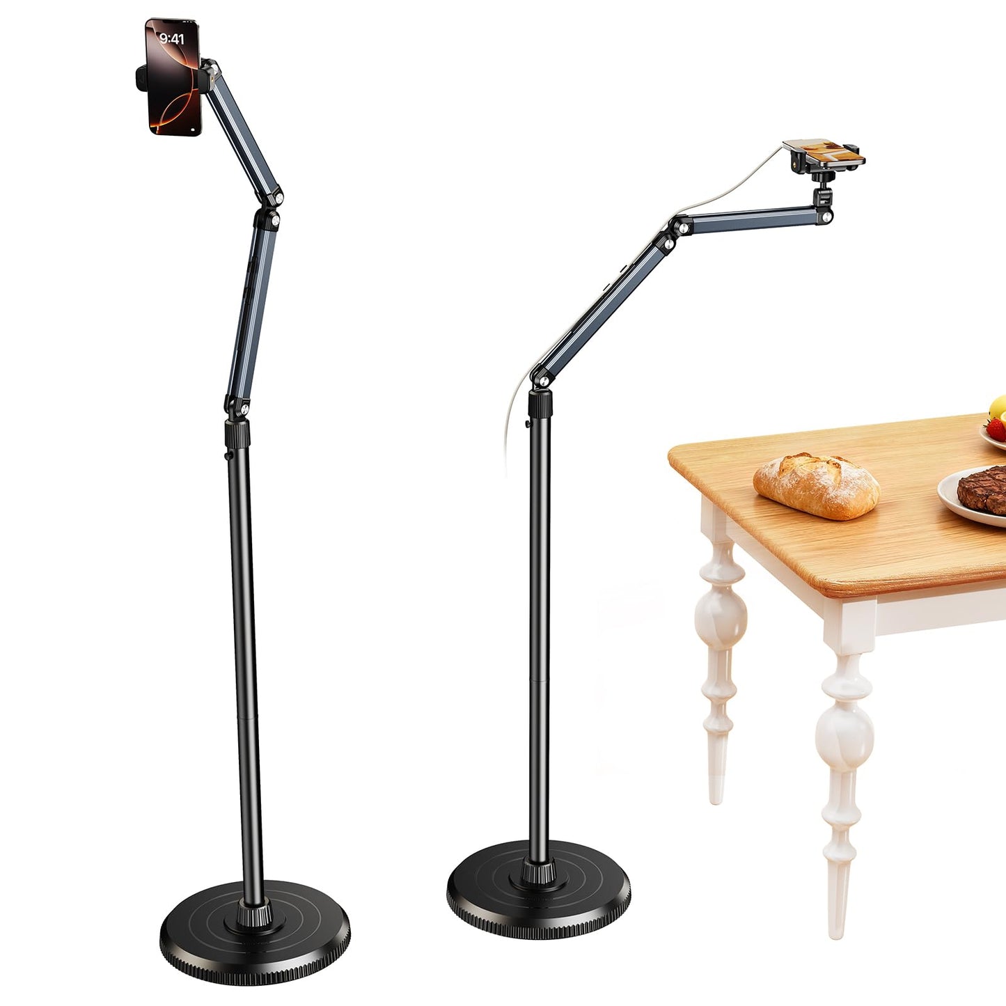 NIFBANG Floor Phone Stand for Video Recording,Overhead Cell Phone Stand for Bed,360° Adjustable Desk iPhone Tripod Floor Holder with Long Extension Arm,Compatible with iPhone 17 16 Samsung and Android