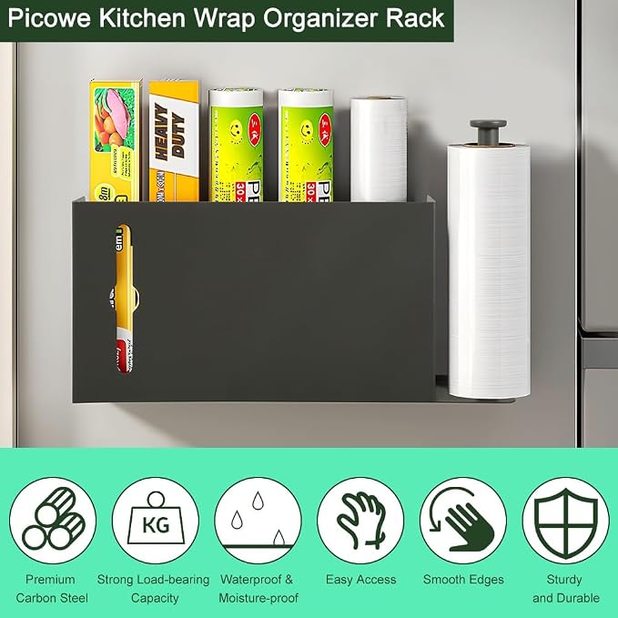 Picowe Large Wall Mount Kitchen Wrap Organizer Rack, Metal Aluminum Foil Organizer, Cabinet Storage Holder for Kitchen, Aluminum Foil, Cling Film, Paper Towel (Grey)