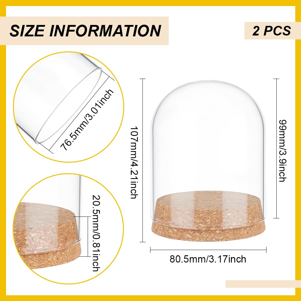 BENECREAT 2Pcs Glass Display Dome Cloche, 4.2x3.2 Inch Bell Jar With Cork Base, Display Case for Flower Specimens Home Decor DIY, Inner Diameter: 3 Inch