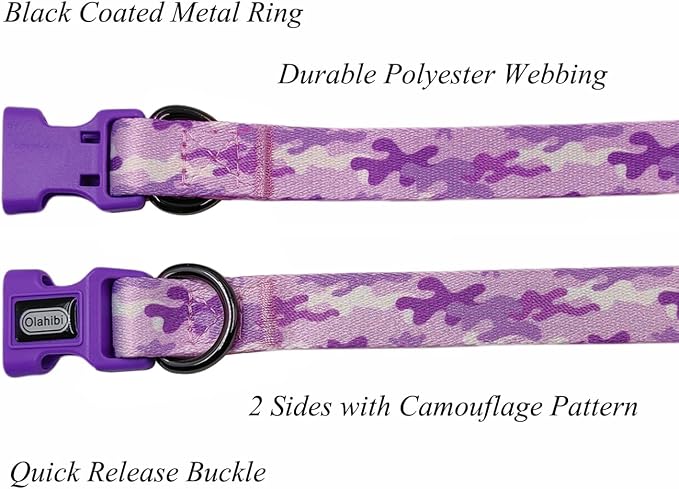Dog Collar Leash Set, Camouflage Pattern, Polyester Material, Adjustable Collar and 5ft Matching Leash, for Small Dogs.(S, Purple Camo)
