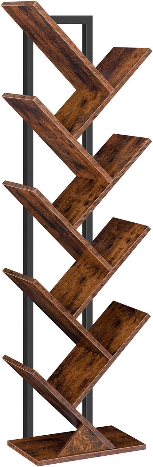 HOOBRO Tree Bookshelf, 9-Tier Bookcase Wooden Shelves, Floor Standing Storage
