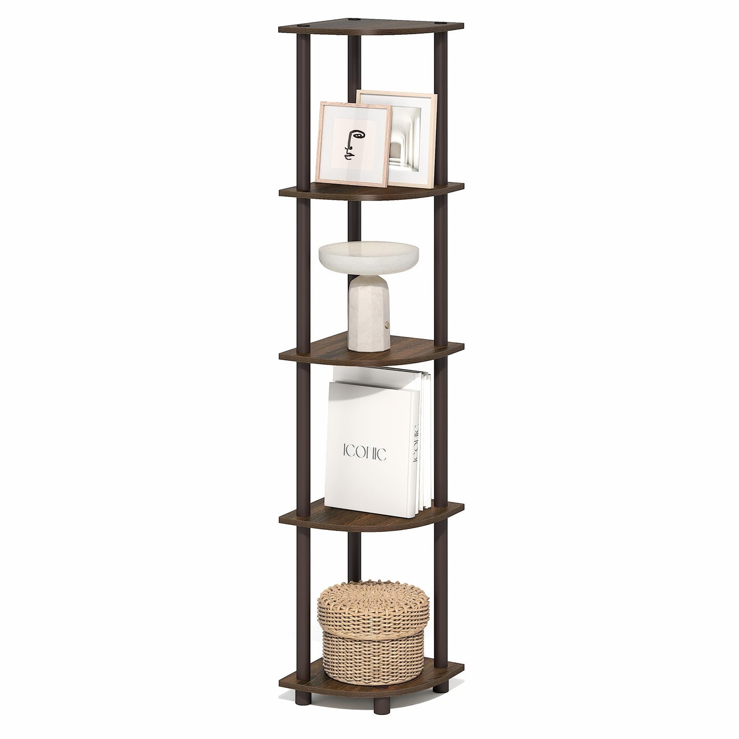 Furinno Turn-N-Tube Corner Shelf, 5-Tier Corner Bookshelf, Open Storage Shelves, for Organization and Storage, Living Room, Home Office, Garage, Bedroom, Black Walnut