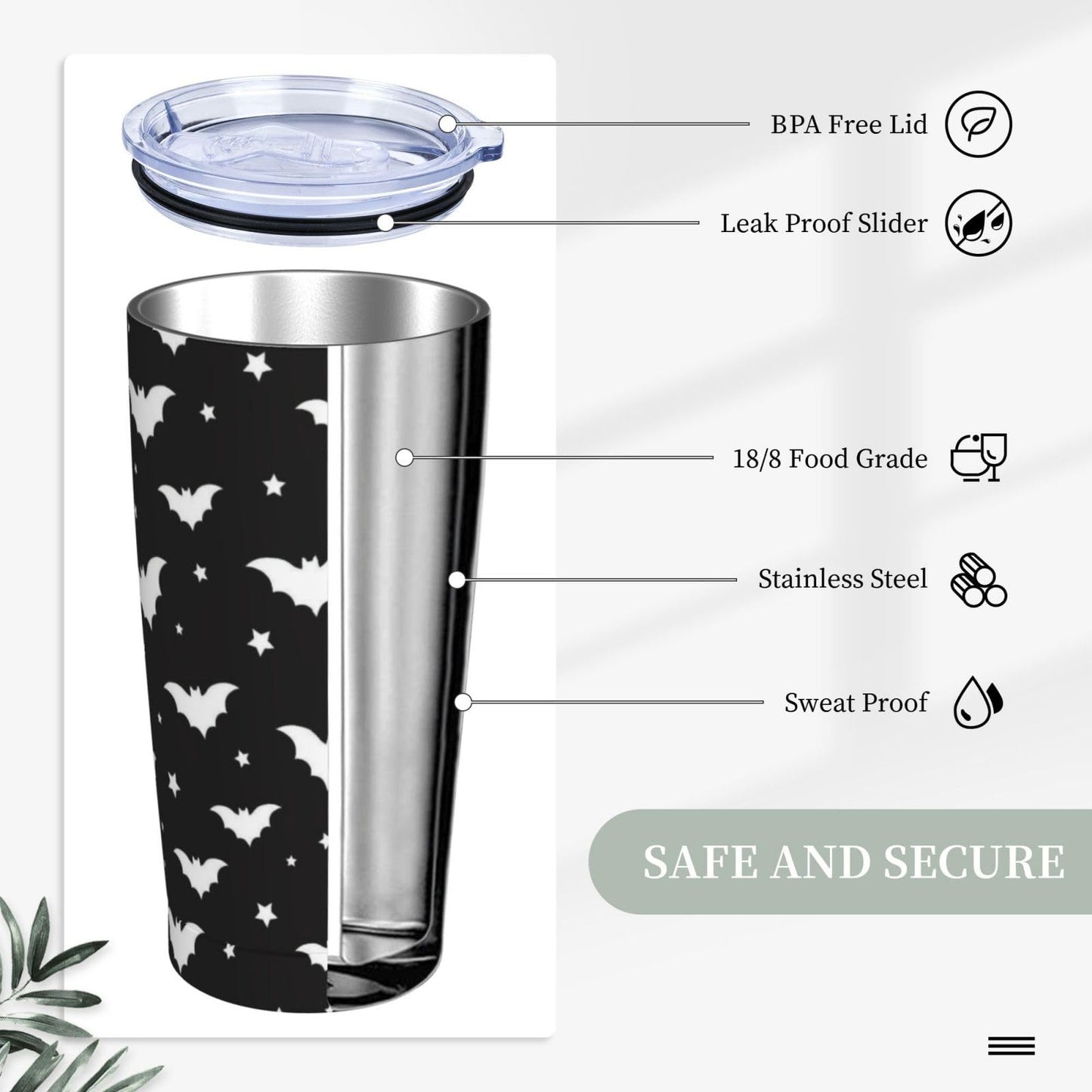 TOUNHEYA Halloween Bats Tumbler with Lid and Straw Gothic 20oz Insulated Stainless Steel Cup Spooky Travel Coffee Mug Water Bottle for Women Gift for Birthday Christmas