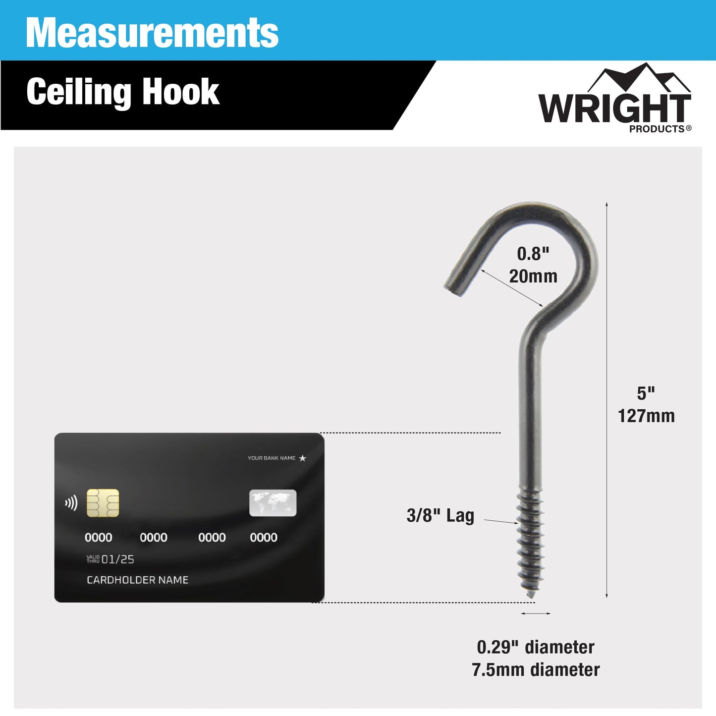 Wright Products Ceiling Hook, 10-Pack, 5 inch x .38 inch, Heavy-Duty, Weather Resistant for Indoor or Outdoor Use, for Hanging Plants, Lights, and Decorations - Matte Black