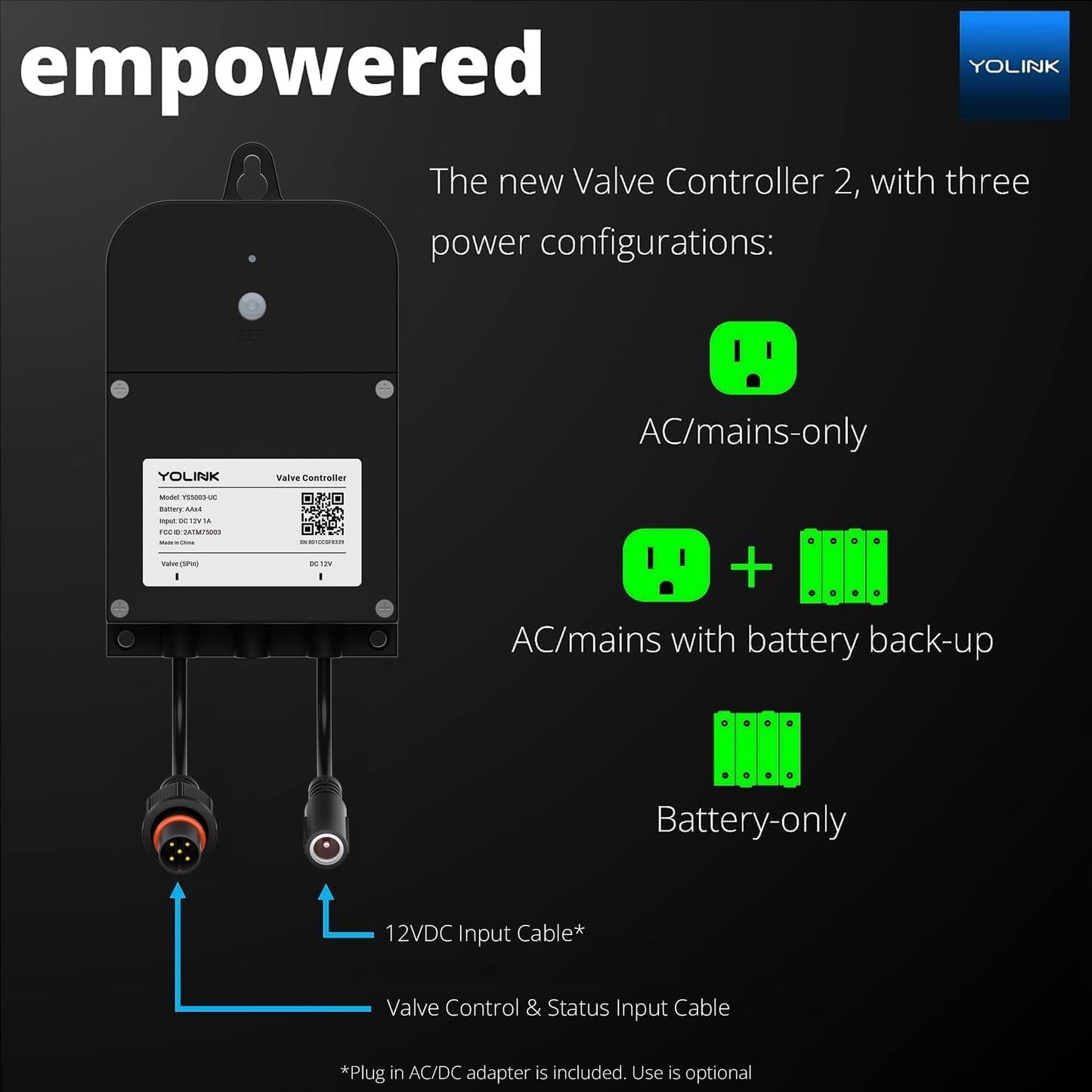 NSF Certified YoLink Valve Controller 2 Kit, 2" Stainless Steel Motorized Ball Valve, LoRa Long Range, D2D Offline with Leak Sensors, 12V Adapter + AA Backup, Hub Required