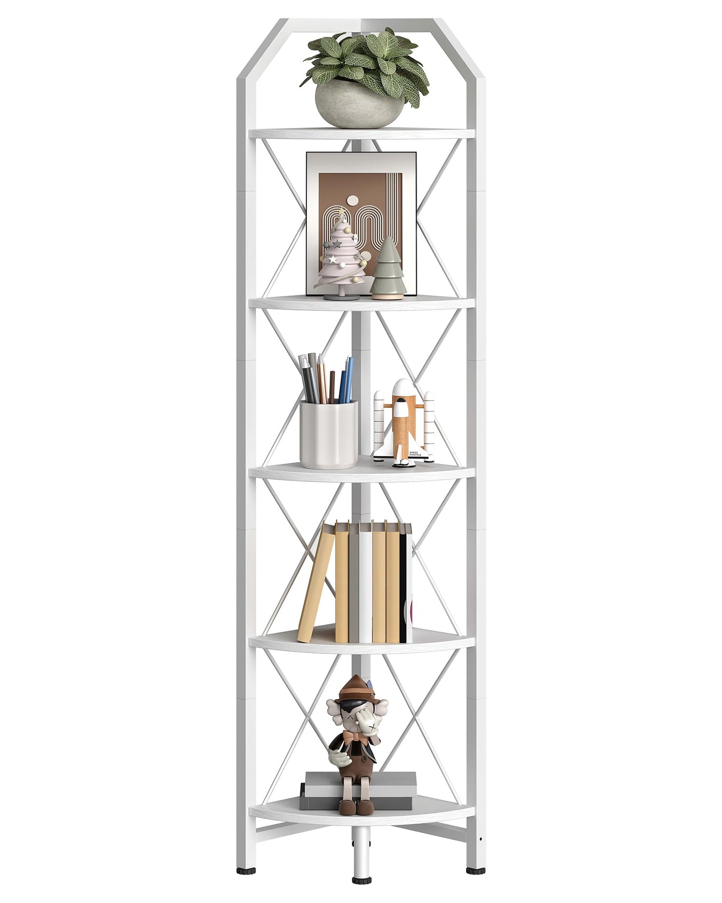 CHOEZON 5-Tier Corner Shelf, Industrial Corner Bookshelf, 59.4" Corner Storage Stand, Plant Stand Display Shelf, Corner Bookcase for Bedroom, Living Room, Home Office, White TCJ10WB
