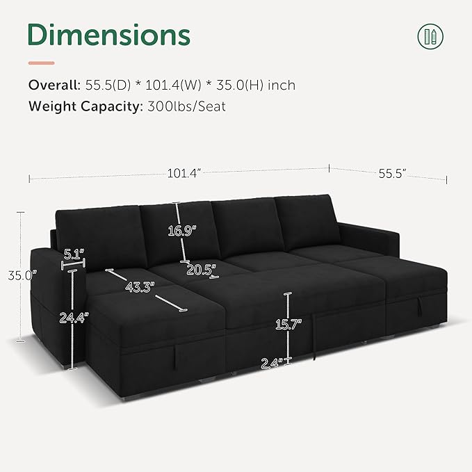 HONBAY Modular Sectional Sleeper Sofa Bed, Velvet Sectional Couch
