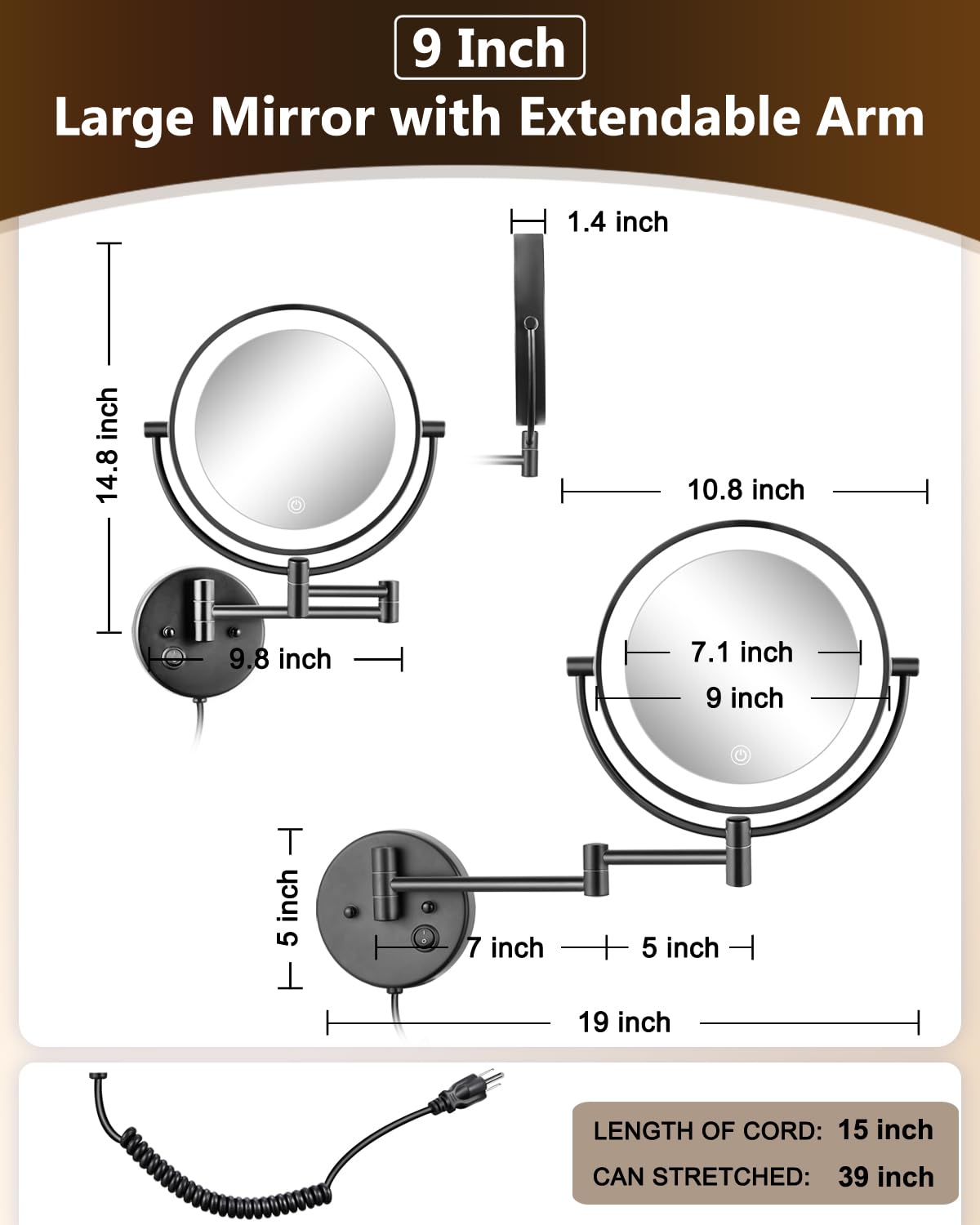 ALHAKIN 9" Wall Mounted Lighted Makeup Mirror, Large Rechargeable 1X/10X Magnifying Mirror with 3 Color Lights Dimmable, 360° Rotation, Nickel