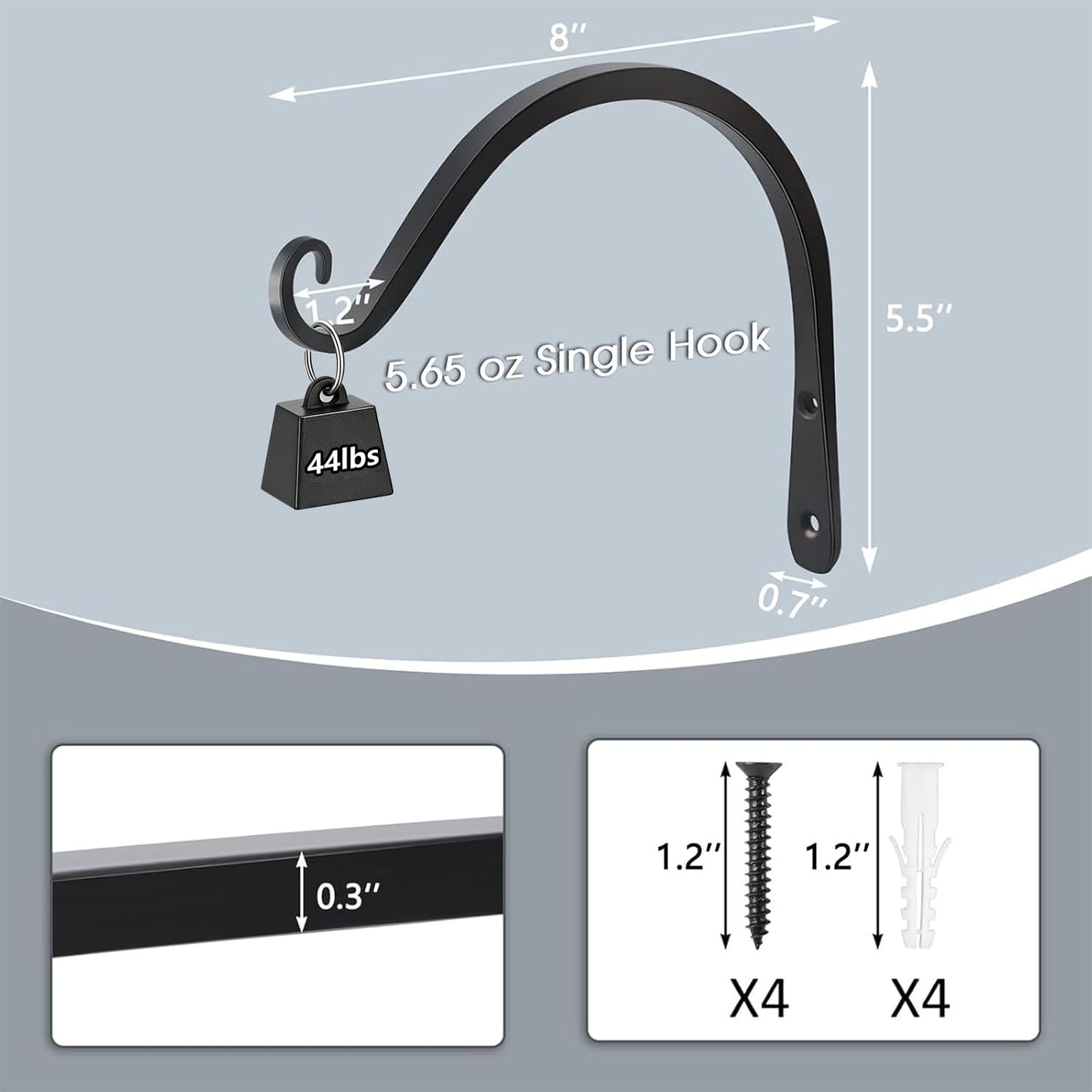 Gtongoko 2 Pack 8 Inch Plant Hangers Outdoor Metal, Plant Hooks for Wall Indoor, 44lb Capacity Outdoor Hooks for Hanging Bird Feeders, Lanterns, Wind Chinme, Black